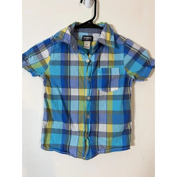 OshKosh Bgosh Boys Blue Green Plaid Short Sleeve Button Down Shirt Size 4/5