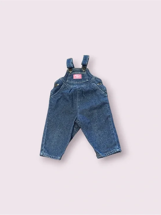 Vintage Baby OshKosh B'Gosh Denim Overalls in Dark Blue Pink Logo Sz 12 Mon
