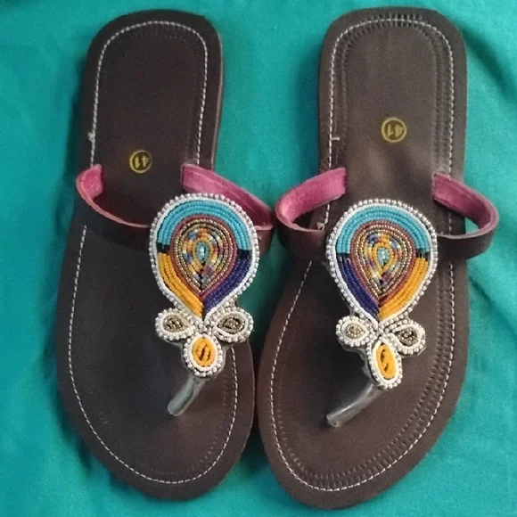 Hand Made Embellished Brown Sandals Size 41