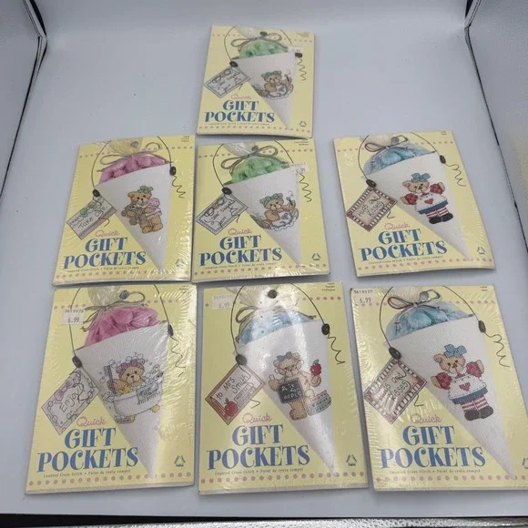 Lot 7 Leisure Arts Quick Gift Pockets Counted Cross Stitch Kits Teddy Bears New