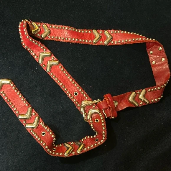 Non-Signe 1960s‎ Vintage Heavy Belt SOFT Leather RED/Silver Studded/FAT CHEVRON