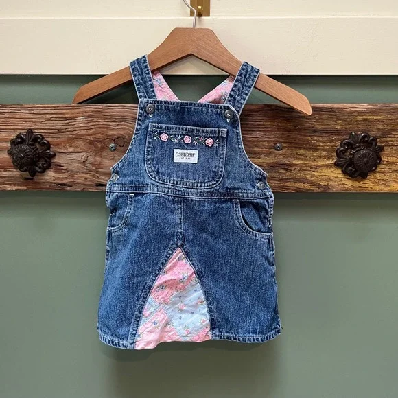 OshKosh Bgosh Girls 18M Blue Denim Floral Patchwork Embroidered Overall Dress