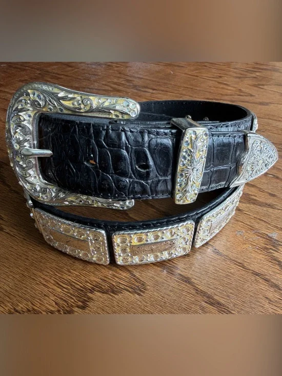 Nocona Black Crocodile-Embossed Leather Belt with Silver toned Western Buckle