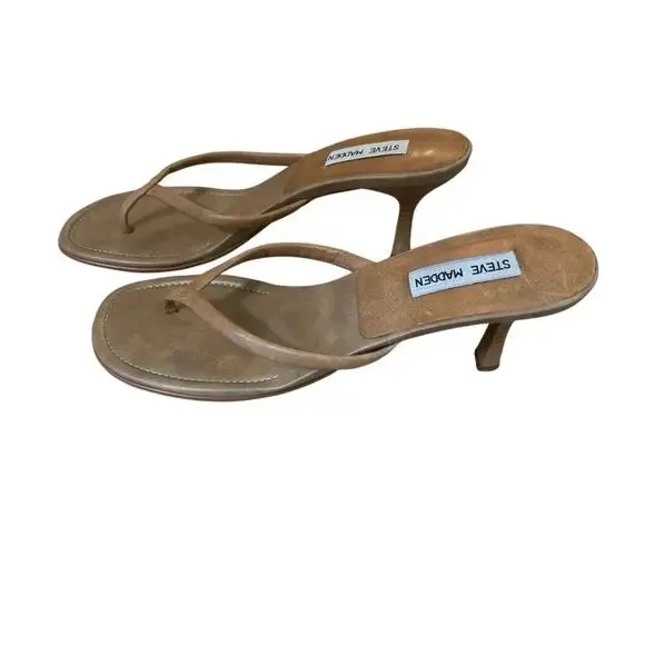 Steve Madden Y2K Gumdrop Leather Thong Kitten Heel Sandals Tan 10B Retro 90s VTG