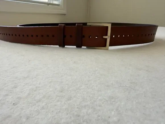 Lands End Classic Brown Leather Belt Size 1X Multi Hole Gold Buckle