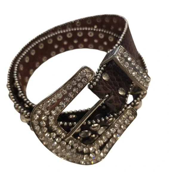 Brown Snakeskin Crystal Rhinestone Western Belt M/L Y2K Cowgirl Bling Leather