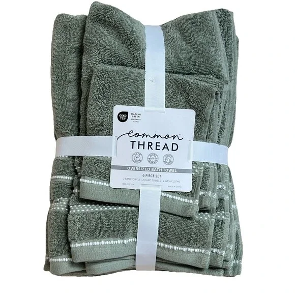 Common Thread Cotton Towel Set Green Bath Hand Wash 6 Piece Set White Stripe New