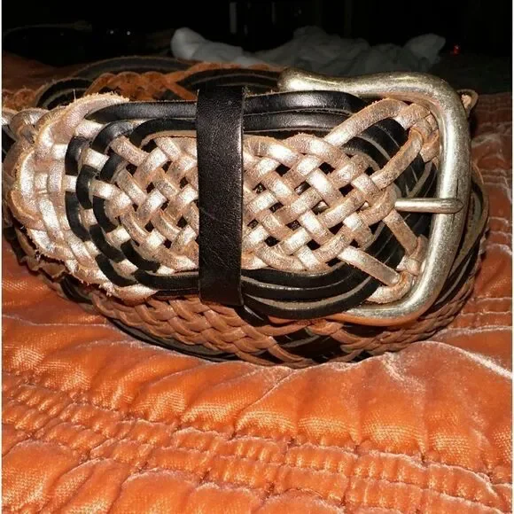 Linea Pelle Black Silver Braided Wide Leather Belt Size XL