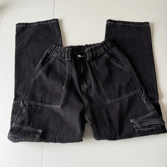 Women's Black Cargo Pants White Stitching Stretchy, Pockets Size‎ Small
