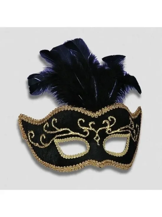 Masquerade Mask Black and Gold Embroidery Feathers OS