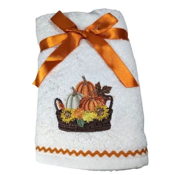 Leafton Farm Embroidered Pumpkins and Flowers in Basket Hand Towels Set of 2