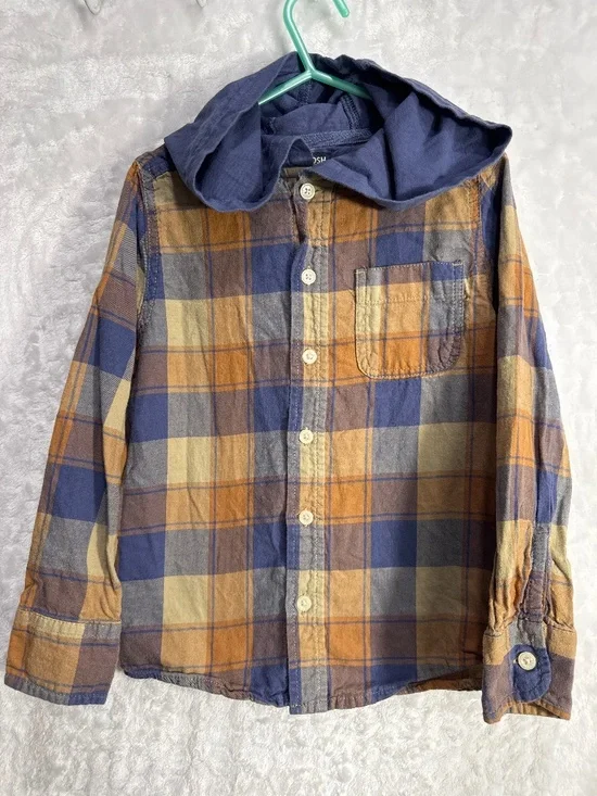 Oshkosh B’gosh plaid button up hooded shirt brown blue boys size 6