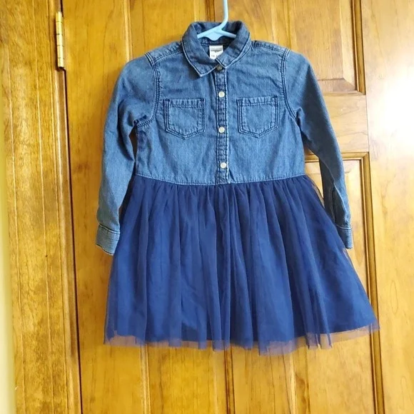 OshKosh 18-24M Tutu Dress Kids Blue Denim Tulle Snap Button Long Sleeve‎
