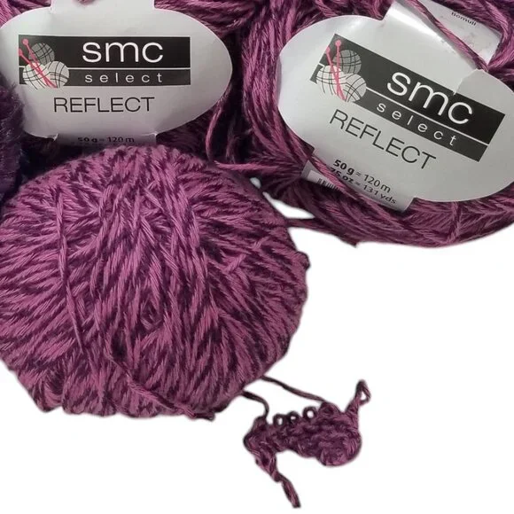 SMC Reflect Rayon Cotton Yarn & Eyelash Yarn 4 Skeins Berry Variegated Purples