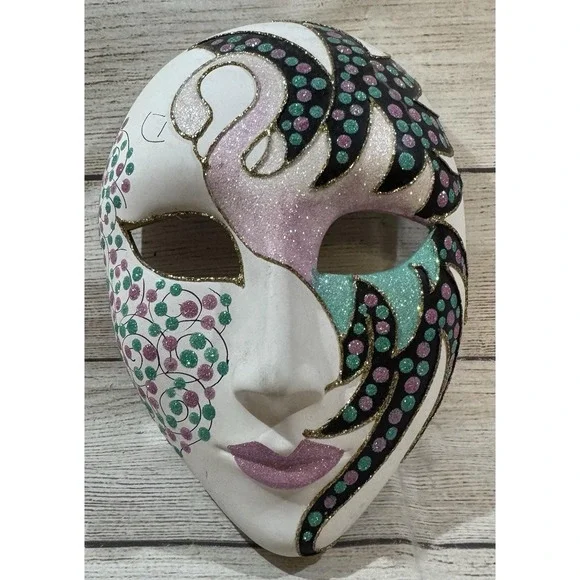 Vintage Hand Painted Masquerade Ceramic Porcelain Mask Pink Green Black 80's