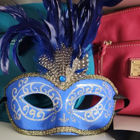 Ornate Blue and Gold Feathered Venetian Mask