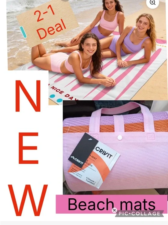 2-1 Deal NEW Crivit Pink & White Striped Beach Towel Mat