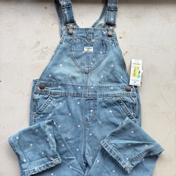 OshKosh‎ Bgosh Girls 3T Heart Print Denim Overalls Light Wash Blue OKT1239B3-SS1