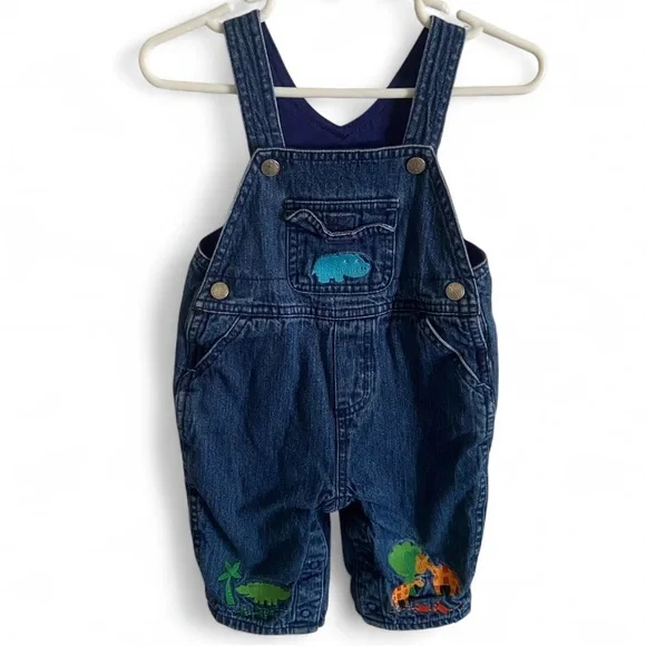 Vintage 80-90s Osh Kosh‎ Blue Animal Embroidered Patch Baby Denim Overalls 3-6M