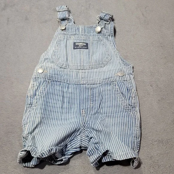OshKosh B'gosh Overalls Baby 12M Blue Hickory Railroad Stripe Denim Shortalls