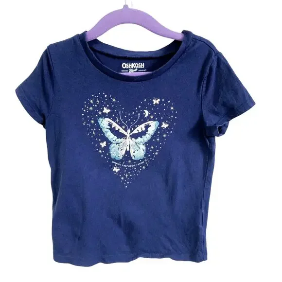 OshKosh Girls 5 Short Sleeve Butterfly Graphic Tee Blue Stars Moon Fairycore