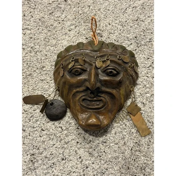 Tribal Wood And Metal Wall Hanging Mask 6 Inch
