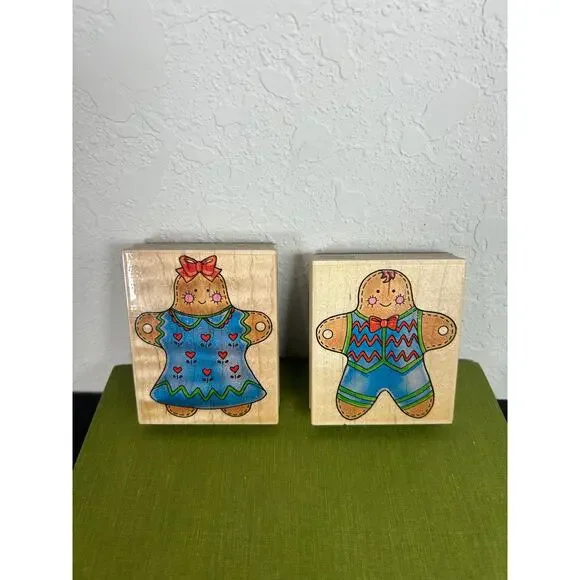 Vtg 98 Set of 2 Wood Mounted Rubber Stamp- Mr & Mrs Gingerbread Garland preowned