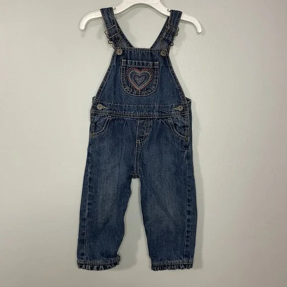 Oshkosh B'Gosh Denim 18m Overalls Rainbow Heart Patch Retro‎ Girly Colorful