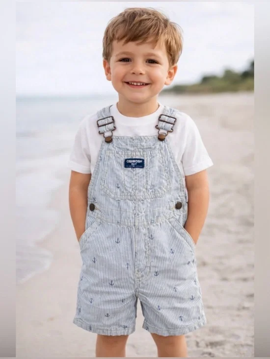 OshKosh B’gosh 4T Nautical Anchor Shortalls Blue White Stripe Adjustable Overall