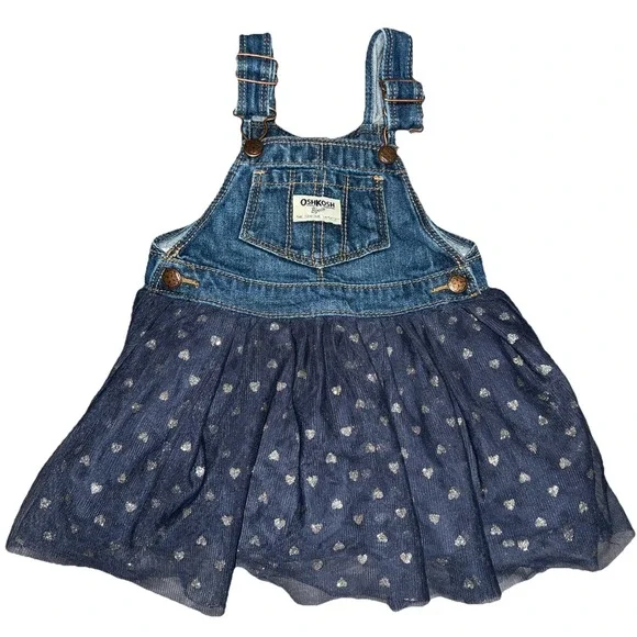 OshKosh Vestbak Baby Girls 18 Month Denim and Tulle Metallic Heart Overall Dress