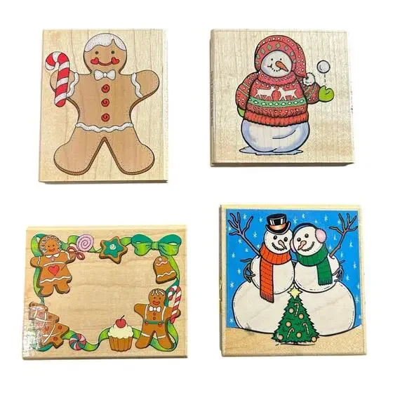 Vtg Wood Mounted Rubber Stamps- Gingerbread Snowmen- Set of 4 Assorted Preowned