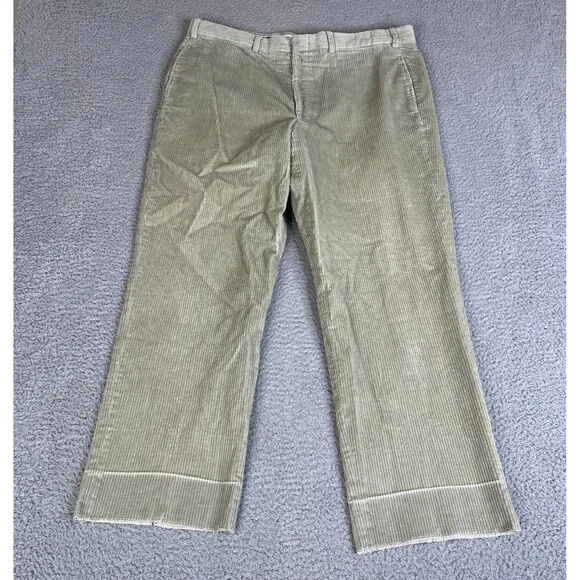 Brooks Brothers Corduroy Pants Men 38 x 28 Beige Flat Front Raw Hem Tapered Leg