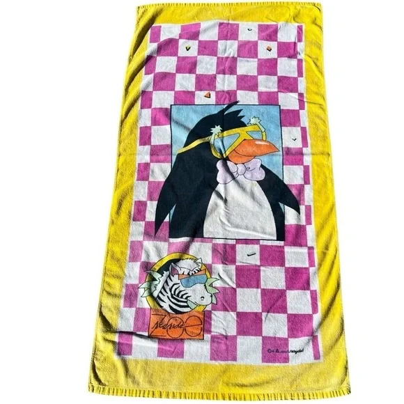 VTG 90s Seaside Zoo Checkered Beach Towel A La Carte Saydah Surf Penguin Zebra
