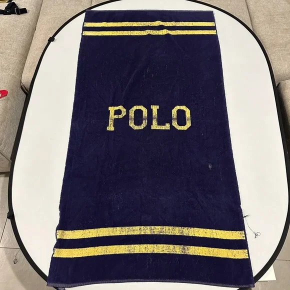 Vintage Polo Ralph Lauren Towel Beach Bath Navy Blue & Yellow Striped Spellout‎
