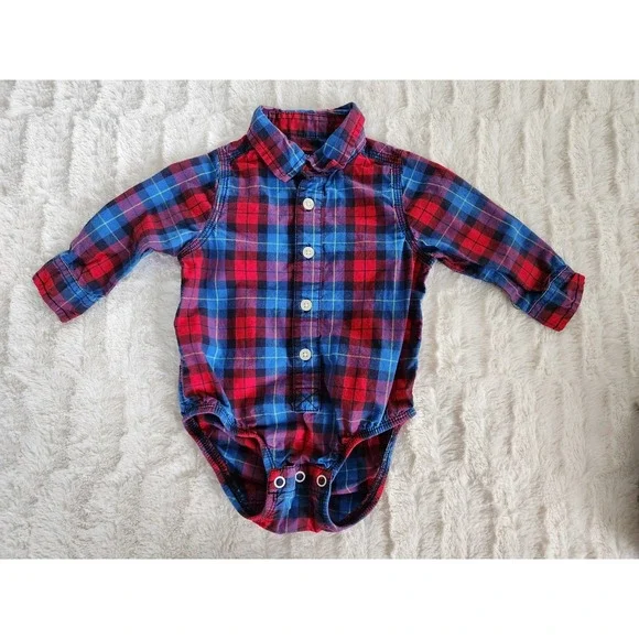 Osh Kosh B'Gosh Infant Boy's Size‎ 12M Long Sleeve Blue Plaid Bodysuit Shirt