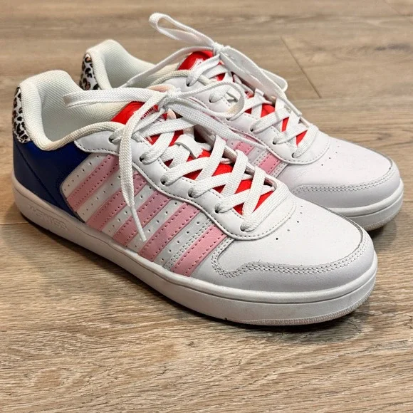 K Swiss Womens Low Top Sneakers White Pink‎ Blue Leopard Accent Lace Up Size 9