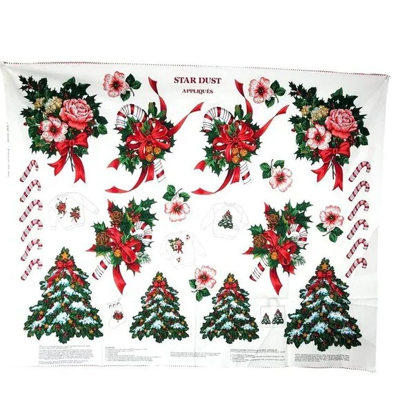 Vintage Christmas Star Dust Appliqués Fabric Panel By Cranston Print Works