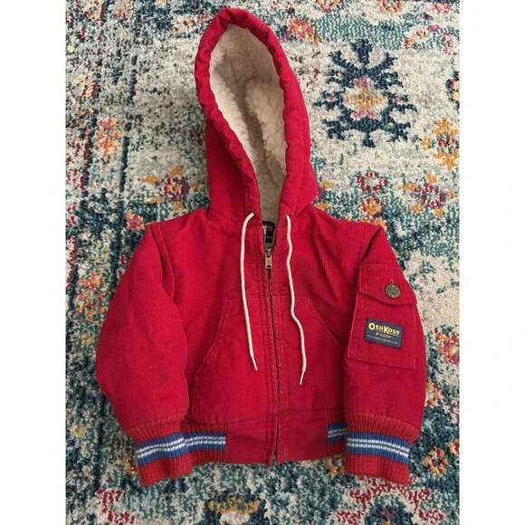 VTG 90s OshKosh BGosh Sherpa Lined Corduroy Jacket Red Hooded Size 2T USA