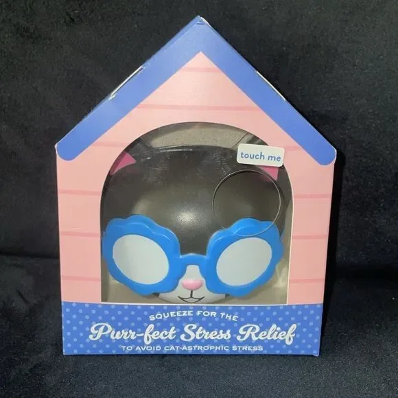 New Eccolo pet black cat kitty with flower glasses squeeze ball stress ball