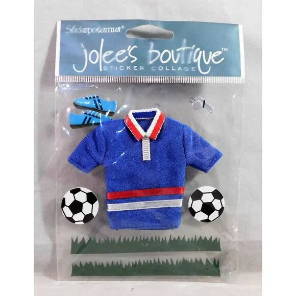 Soccer 3D Scrapbook Stickers Set of 2 Blue Uniform Top Balls Whistle Grass