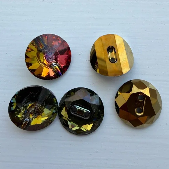 Swarovski Crystal Buttons 14mm Iridescent Gold Red Green Excellent 5pc Lot