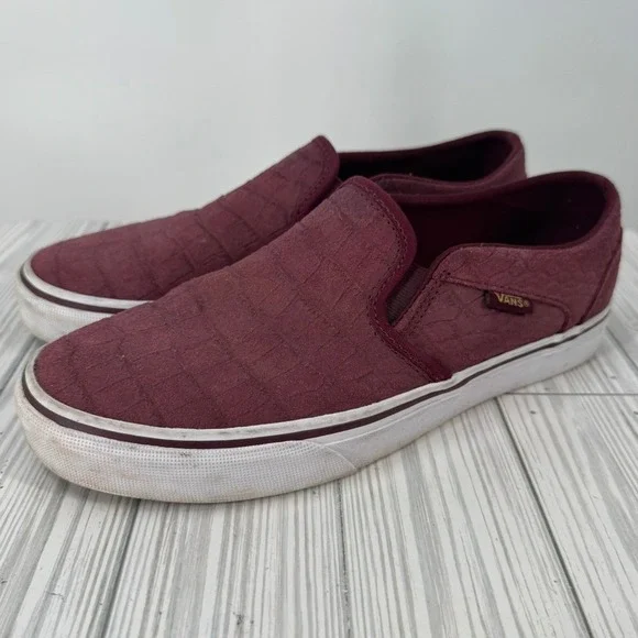 Vans Women's 8 Slip-On Burgundy Suede Crocodile Embossed Sneakers Low Top Shoes
