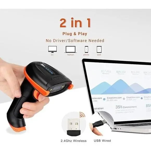 Tera 1D Barcode Scanner Wireless and Wired W/Battery‎ Level Indicator 2.4G