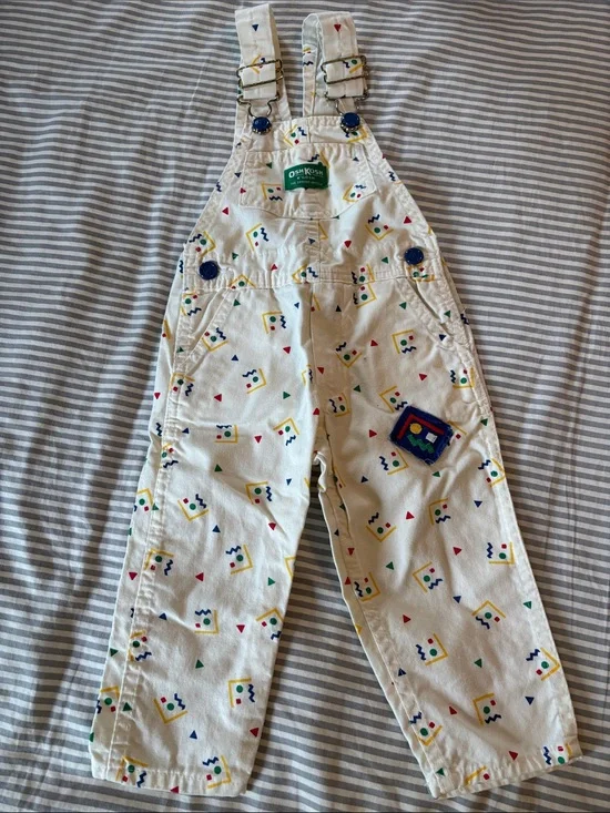 OshKosh B'gosh Cream Overalls with Colorful Geometric Print