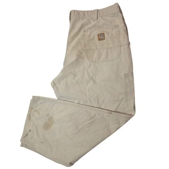 Carhartt Mens Tan Canvas Orig Dungaree Fit Carpenter Work Pants 42x30 Distressed