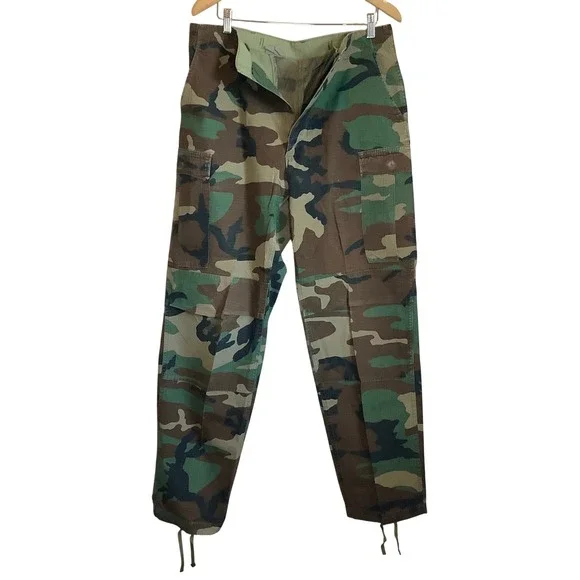 Military Woodland Camo Cargo Pants Mens Medium Long Ripstop Button Fly BDU