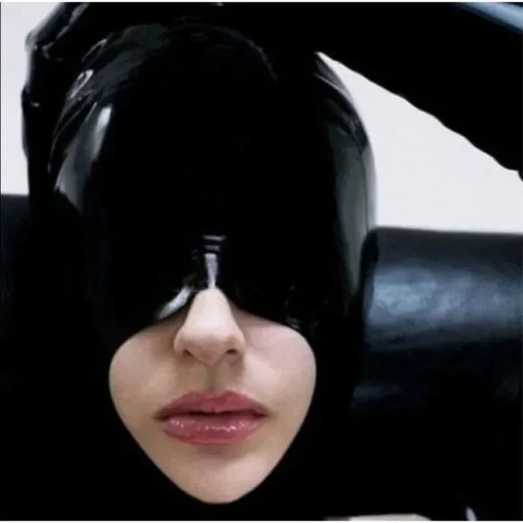 Latex hood open mouth face black size small bdsm fetish rear zipper excellent co