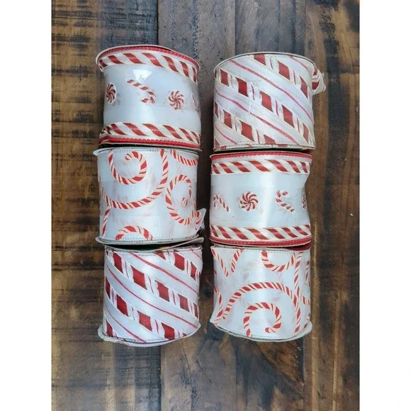 Lot Of 6 Rolls Of Candy‎ Cane Ribbon, Wired, Un-Wired, white, red