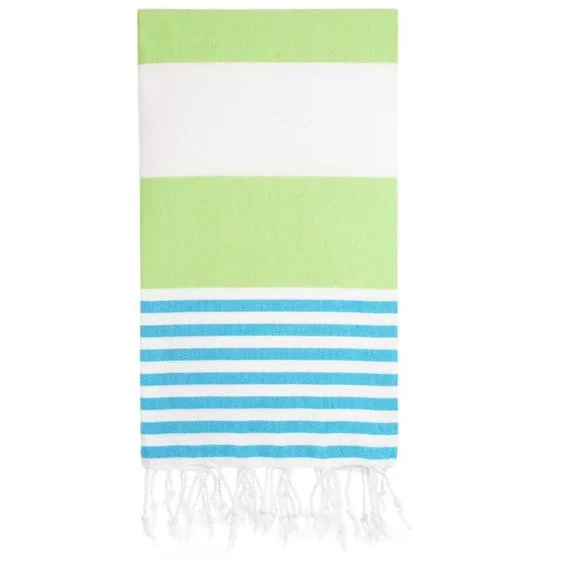 4 Pistachio Green Blue Striped Beach Bath Towels - 100% Turkish Cotton