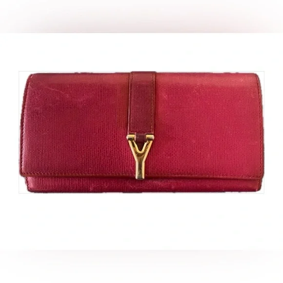 YVES SAINT LAURENT Y Ligne Calfskin Long Wallet in Red